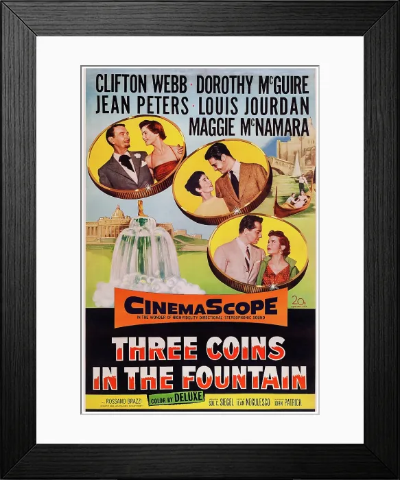 Framed Print : THREE COINS IN THE FOUNTAIN, US poster art, from top left: Clifton Webb, Dorothy McGuire, Maggie McNamara, Louis Jourdan, Rossano Brazzi, Jean Peters, 1954