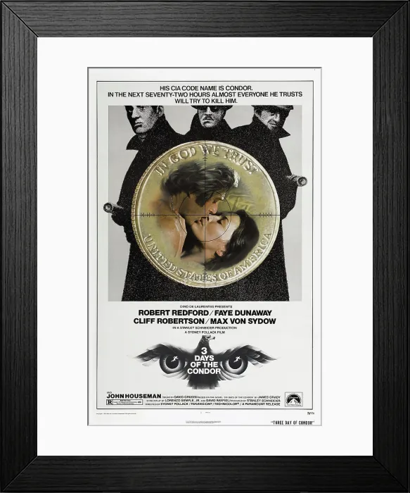 Framed Print : THREE DAYS OF THE CONDOR, (3 DAYS OF THE CONDOR), U.S. poster, from left: Robert Redford, Faye Dunaway, 1975 Framed Print : THREE DAYS OF THE CONDOR, (3 DAYS OF THE CONDOR), U.S. poster, from left: Robert Redford, Faye Dunaway, 1975