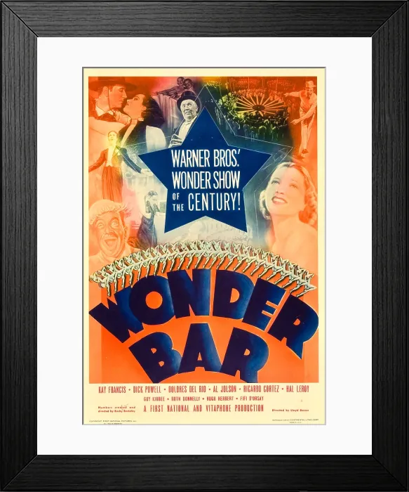 Framed Print : WONDER BAR, top left: Ricardo Cortez, left center: Al Jolson, bottom right: Kay Francis on midget window card, 1934