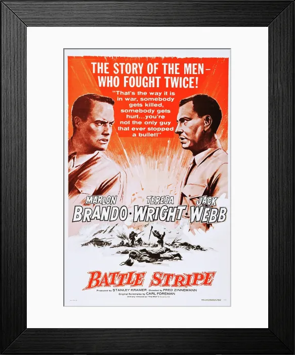 Framed Print : THE MEN, (aka BATTLE STRIPE), from left: Marlon Brando, Jack Webb on poster art, 1950