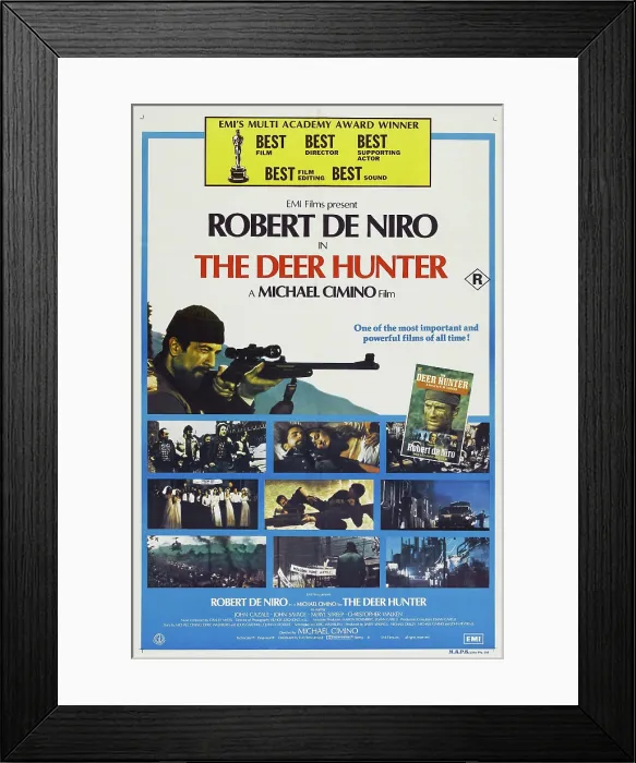 Framed Print : THE DEER HUNTER, Australian poster, Robert De Niro (top left), 1978, Universal / courtesy Everett Collection Framed Print : THE DEER HUNTER, Australian poster, Robert De Niro (top left), 1978, Universal / courtesy Everett Collection