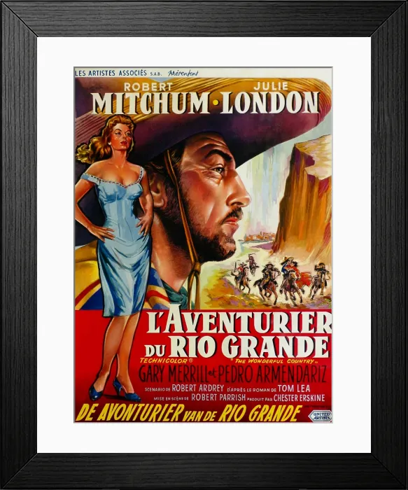 Framed Print : THE WONDERFUL COUNTRY, (aka L'AVENTURIER DU RIO GRANDE), l-r: Julie London, Robert Mitchum on French poster art, 1959