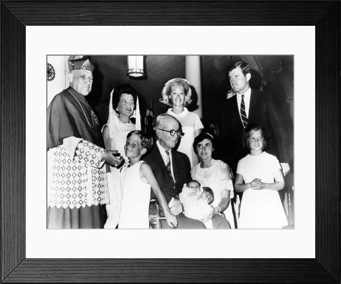 Framed Print : At Hyannis Port christening of Patrick Joseph Kennedy are (front) Richard Cardinal Cushing, Edward Kennedy, Jr. Joseph Kennedy, (holding baby), godmother Ann Gargan Framed Print : At Hyannis Port christening of Patrick Joseph Kennedy are (front) Richard Cardinal Cushing, Edward Kennedy, Jr. Joseph Kennedy, (holding baby), godmother Ann Gargan