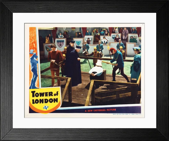 Framed Print : TOWER OF LONDON, lobbycard, John Sutton (left), Boris Karloff (red hood), John Rodion (kneeling), 1939