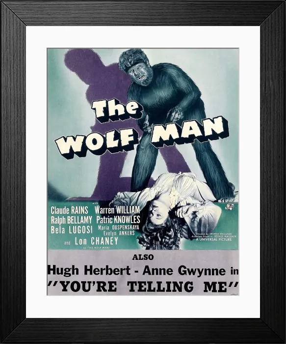 Framed Print : THE WOLF MAN, as the Wolf Man': Lon Chaney (aka Lon Chaney, Jr.'); the girl: Evelyn Ankers on a window card poster Framed Print : THE WOLF MAN, as the Wolf Man': Lon Chaney (aka Lon Chaney, Jr.'); the girl: Evelyn Ankers on a window card poster