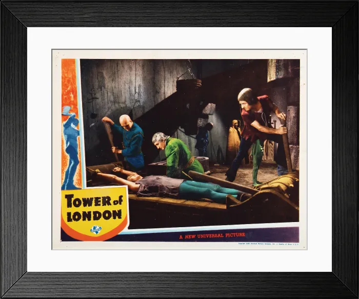 Framed Print : TOWER OF LONDON, lobbycard, Boris Karloff (bald head), Basil Rathbone (green), 1939