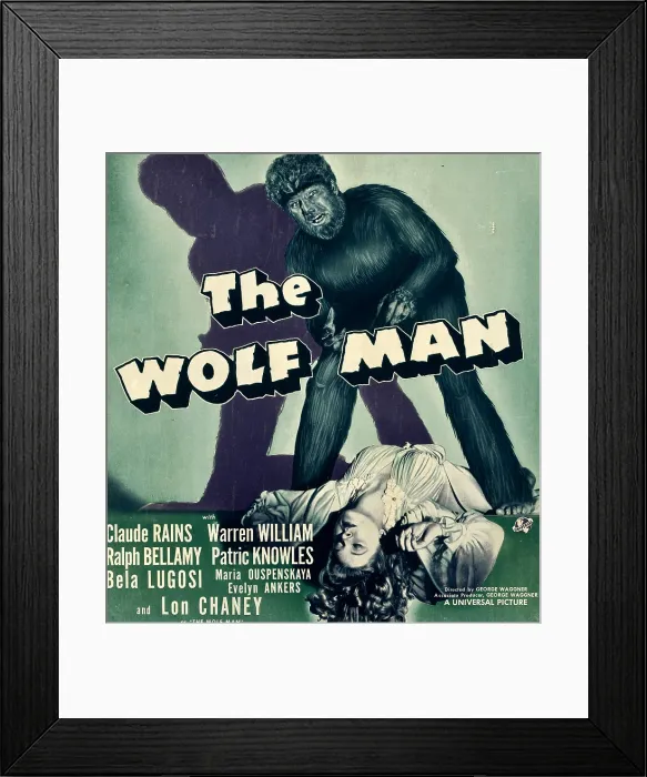 Framed Print : THE WOLF MAN, from top: Lon Chaney Jr. Evelyn Ankers on window card, 1941 Framed Print : THE WOLF MAN, from top: Lon Chaney Jr. Evelyn Ankers on window card, 1941