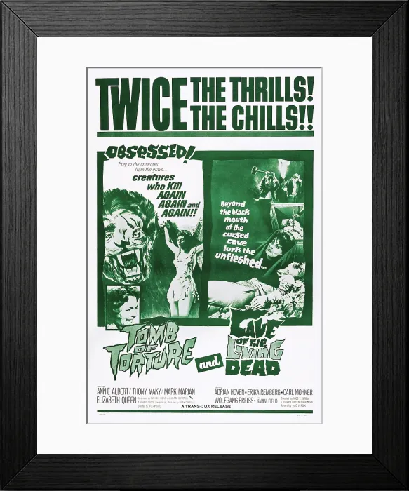 Framed Print : TOMB OF TORTURE, (aka METEMPSYCHO), US poster art, 1963; double feature: CAVE OF THE LIVING DEAD, (aka NIGHT OF THE VAMPIRES, aka DER FLUCH DER GRUNEN AUGEN), US poster art, 1964