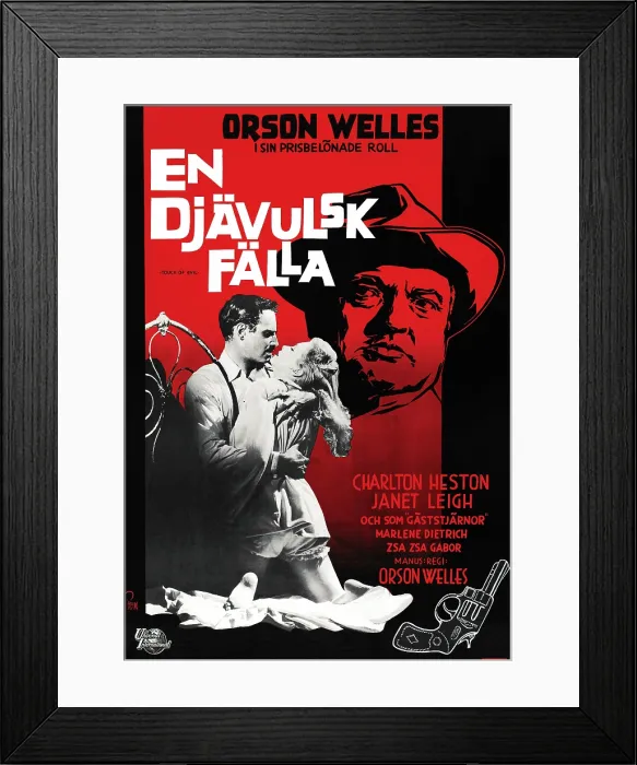 Framed Print : TOUCH OF EVIL, (aka EN DJAVULSK FALLA), Swedish poster, from left: Charlton Heston, Janet Leigh, Orson Welles, 1958 Framed Print : TOUCH OF EVIL, (aka EN DJAVULSK FALLA), Swedish poster, from left: Charlton Heston, Janet Leigh, Orson Welles, 1958
