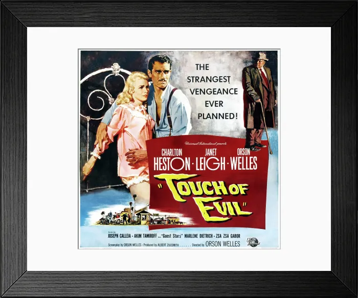 Framed Print : TOUCH OF EVIL, US poster art, from left: Janet Leigh, Charlton Heston, Orson Welles, 1958