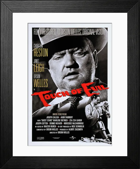 Framed Print : TOUCH OF EVIL, US poster art, top: Orson Welles; bottom right: Charlton Heston, Janet Leigh, 1958 Framed Print : TOUCH OF EVIL, US poster art, top: Orson Welles; bottom right: Charlton Heston, Janet Leigh, 1958