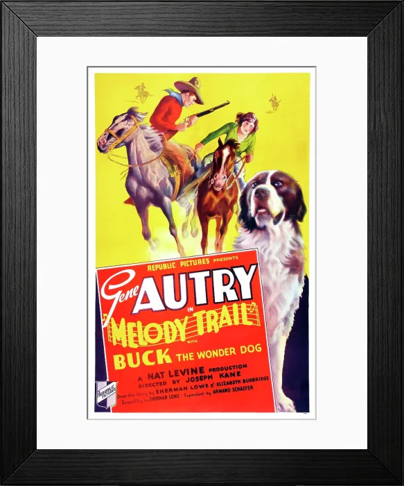 Framed Print : MELODY TRAIL, US poster, from left: Gene Autry, Ann Rutherford, Buck the Wonder Dog, 1935