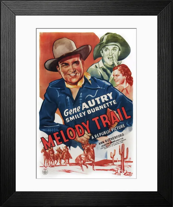 Framed Print : MELODY TRAIL, US poster art, from left: Gene Autry, Smiley Burnette, Ann Rutherford, 1935