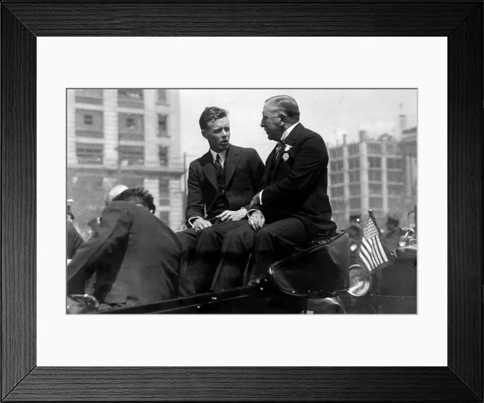 Framed Print : American pilot Charles Lindbergh, (1902-1974), President of the Borough of Brooklyn James J. Byrne, arriving at the Brooklyn end of the Manhattan Bridge, New York, c. 1920's