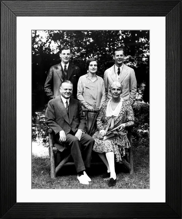 Framed Print : Herbert Hoover with his wife and family on the grounds of his home. Back row: Herbert Hoover jr, his wife Margaret and Allan Hoover. In front: Herbert Hoover and Lou Henry Hoover