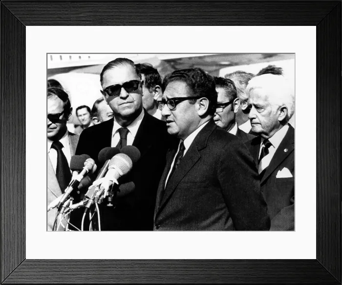Framed Print : front row: Israel's Ambassador to the U.S Simha Dinitz, Israeli Foreign Minister Abba Eban, U.S. Secretary of State Henry Kissinger, U.S
