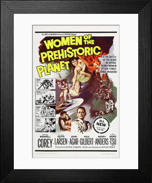 Framed Print : WOMEN OF THE PREHISTORIC PLANET, US poster, bottom from left: Robert Ito, Irene Tsu, Wendell Corey, 1966