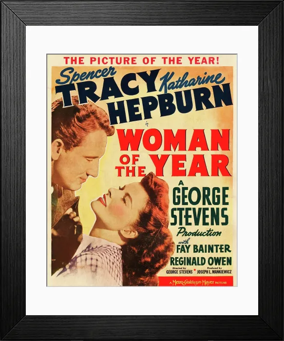 Framed Print : WOMAN OF THE YEAR, l-r: Spencer Tracy, Katharine Hepburn on window card, 1942
