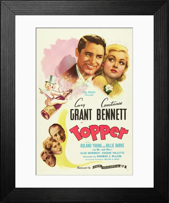 Framed Print : TOPPER, l-r: Cary Grant, Constance Bennett, bottom l-r: Alan Mowbray, Billie Burke, Roland Young on poster art, 1937