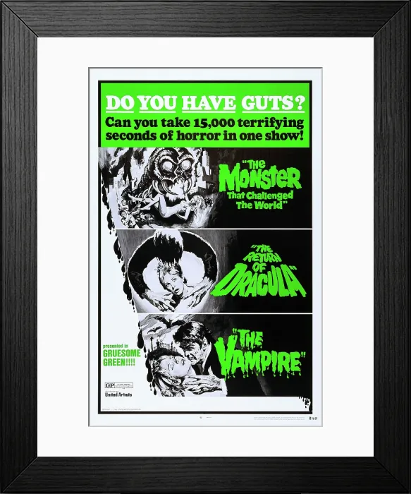 Framed Print : THE MONSTER THAT CHALLENGED THE WORLD, (on combo poster with THE RETURN OF DRACULA, and THE VAMPIRE), poster art, 1957