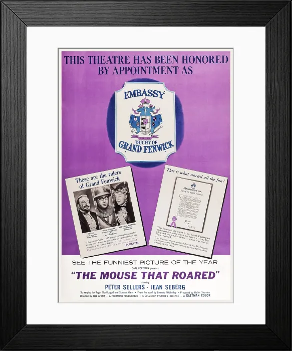 Framed Print : THE MOUSE THAT ROARED, US poster art, left insert, in multiple roles: Peter Sellers, 1959