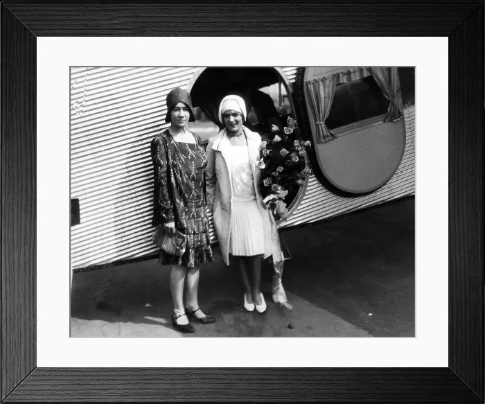 Framed Print : Anne Lindbergh and Mary Pickford taking part in the christening ceremonies of tri-motored plane to be flown by Charles Lindbergh, Los Angeles, California, 1929