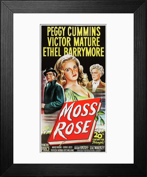 Framed Print : MOSS ROSE, l-r: Victor Mature, Peggy Cummins, Ethel Barrymore on poster art, 1947, TM and Copyright 20th Century Fox Film Corp. All rights reserved. / courtesy Everett Collection Framed Print : MOSS ROSE, l-r: Victor Mature, Peggy Cummins, Ethel Barrymore on poster art, 1947, TM and Copyright 20th Century Fox Film Corp. All rights reserved. / courtesy Everett Collection