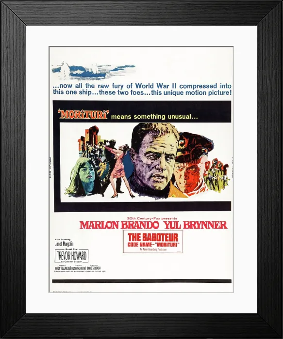 Framed Print : MORITURI, US poster art, from right: Janet Margolin, Marlon Brando, Yul Brynner, 1965. TM and Copyright 20th Century Fox Film Corp Framed Print : MORITURI, US poster art, from right: Janet Margolin, Marlon Brando, Yul Brynner, 1965. TM and Copyright 20th Century Fox Film Corp