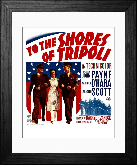 Framed Print : TO THE SHORES OF TRIPOLI, from left: John Payne, Maureen O'Hara, Randolph Scott on window card, 1942, TM and Copyright 20th Century Fox Film Corp