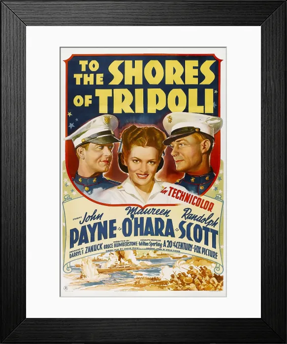 Framed Print : TO THE SHORES OF TRIPOLI, from left: John Payne, Maureen O'Hara, Randolph Scott, 1942, TM and Copyright 20th Century Fox Film Corp