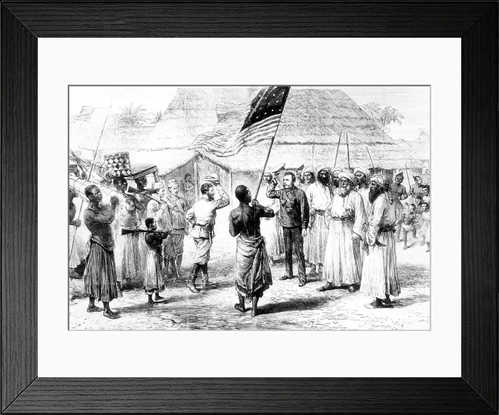 Framed Print : Henry Morton Stanley (left of center), greets David Livingstone (right of center), near Lake Tanganyika (in the present day Tanzania), Africa, 1871