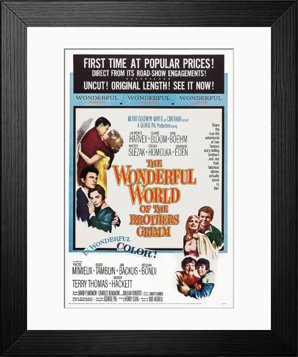 Framed Print : THE WONDERFUL WORLD OF THE BROTHERS GRIMM, US poster art, left: Laurence Harvey, Claire Bloom; top right: Russ Tamblyn, Yvette Mimieux; bottom right: Terry-Thomas, Buddy Hackett