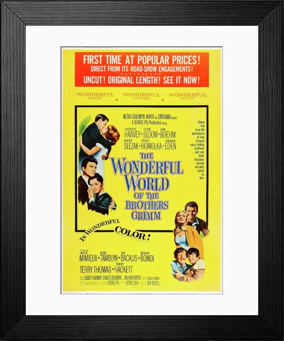 Framed Print : THE WONDERFUL WORLD OF THE BROTHERS GRIMM, US poster art, left: Laurence Harvey, Claire Bloom; bottom right: Russ Tamblyn, Yvette Mimieux, Terry-Thomas, Buddy Hackett, 1962