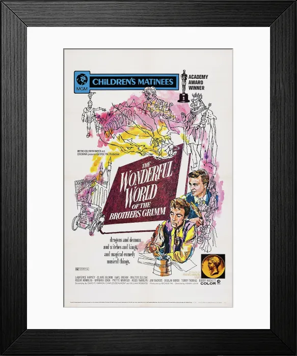 Framed Print : THE WONDERFUL WORLD OF THE BROTHERS GRIMM, US re-issue poster, from top: Karl Boehm, Laurence Harvey, 1962 Framed Print : THE WONDERFUL WORLD OF THE BROTHERS GRIMM, US re-issue poster, from top: Karl Boehm, Laurence Harvey, 1962