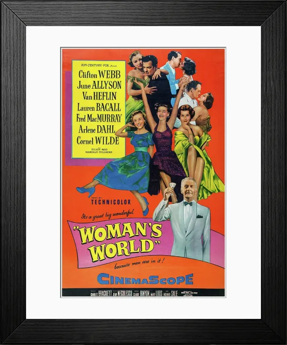 Framed Print : WOMAN'S WORLD, US poster art, clockwise from top left: June Allyson, Cornel Wilde, Fred MacMurray, Lauren Bacall, Van Heflin, Arlene Dahl (twice), Lauren Bacall