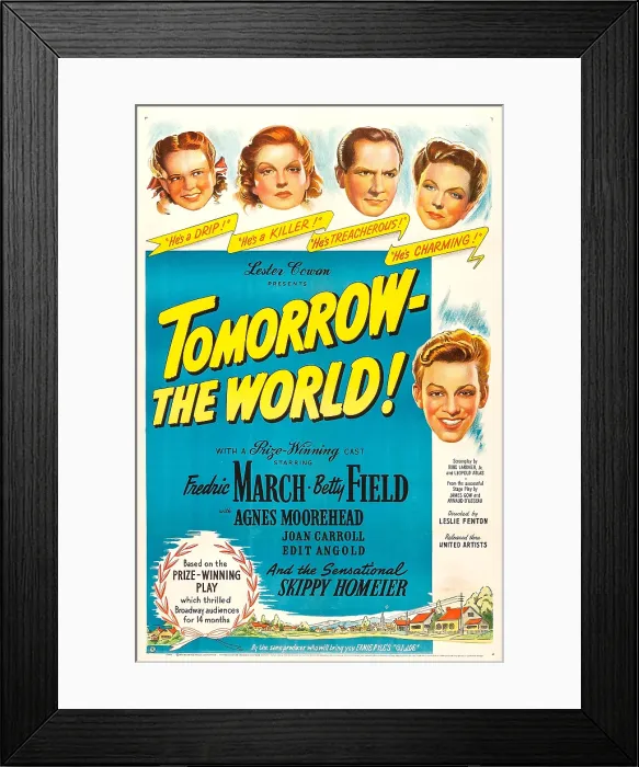 Framed Print : TOMORROW-THE WORLD!, US poster, from top left: Joan Carroll, Betty Field, Fredric March, Agnes Moorehead, Skip Homeier, 1944