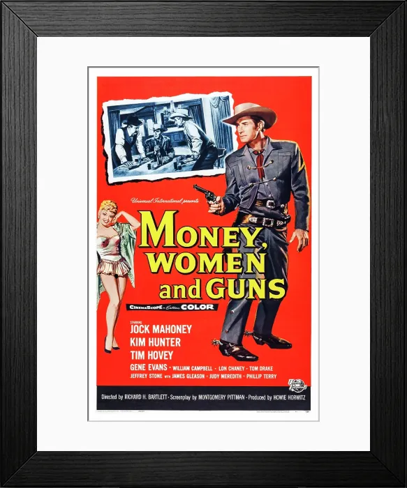 Framed Print : MONEY, WOMEN AND GUNS, US poster art, right: Jock Mahoney, 1958