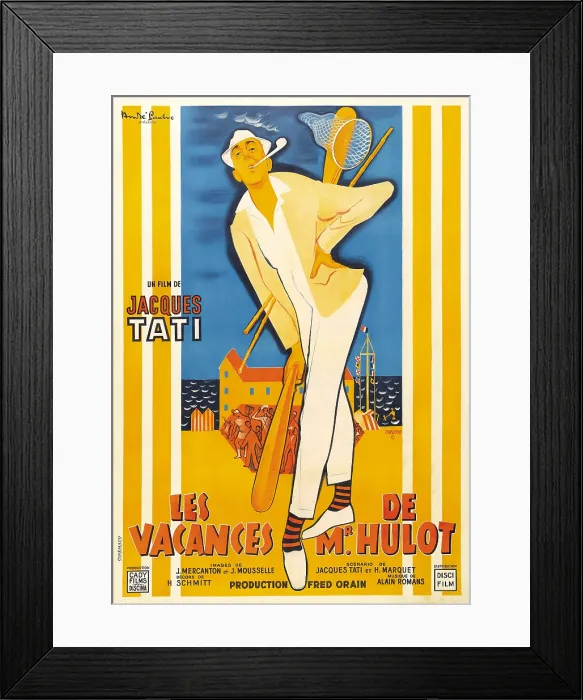 Framed Print : MR. HULOT'S HOLIDAY, (aka LES VACANCES DE MONSIEUR HULOT), French poster art, Jacques Tati, 1953