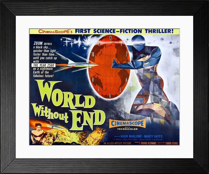 Framed Print : WORLD WITHOUT END, bottom left: Nancy Gates on half-sheet poster art, 1956