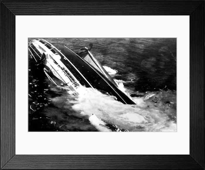 Framed Print : ANDREA DORIA, the Italian ocean liner is sinking in the ocean, 60 miles off of Nantucket Island, July 25, 1956, after its collision with the Swedish liner, Stockholm
