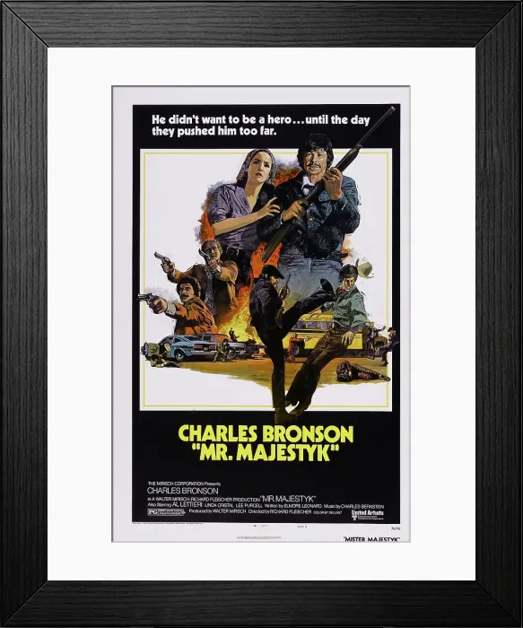 Framed Print : MR. MAJESTYK, US poster, Al Lettieri (left), top from left: Linda Cristal, Charles Bronson, 1974 Framed Print : MR. MAJESTYK, US poster, Al Lettieri (left), top from left: Linda Cristal, Charles Bronson, 1974