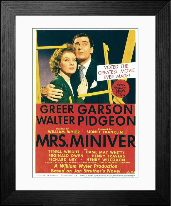 Framed Print : MRS. MINIVER, from left: Greer Garson, Walter Pidgeon on midget window card, 1942 Framed Print : MRS. MINIVER, from left: Greer Garson, Walter Pidgeon on midget window card, 1942