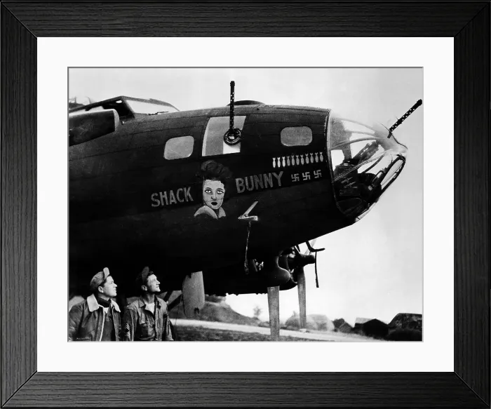 Framed Print : Sergeant Harry J. Bellett, and Seargeant William J. Gordon gaze up at the Shack Bunny, a Flying Fortress, used against the Germans during World War II. October, 1943 Framed Print : Sergeant Harry J. Bellett, and Seargeant William J. Gordon gaze up at the Shack Bunny, a Flying Fortress, used against the Germans during World War II. October, 1943