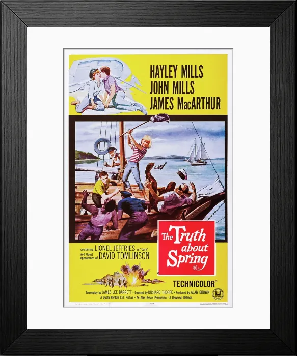 Framed Print : THE TRUTH ABOUT SPRING, top: Hayley Mills, James MacArthur, bottom l-r: James MacArthur, John Mills, Hayley Mills on poster art, 1964