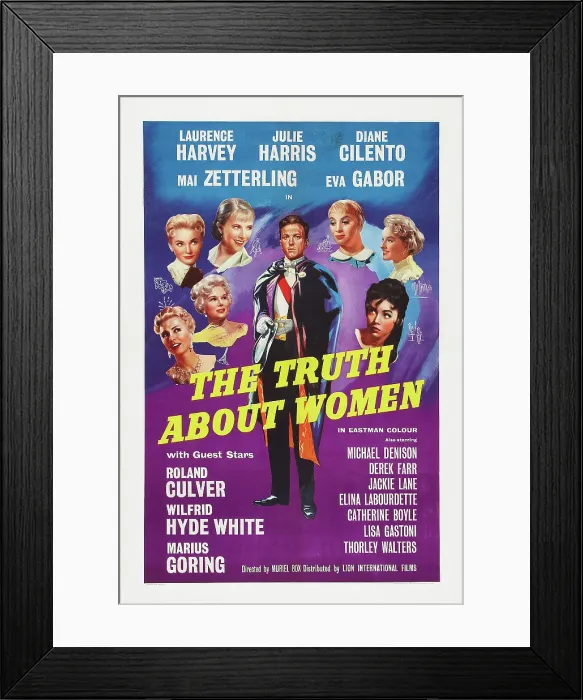Framed Print : THE TRUTH ABOUT WOMEN, British poster, Laurence Harvey (center) heads top from left: Diane Cilento, Julie Harris, Elina Labourdette, Mai Zetterling