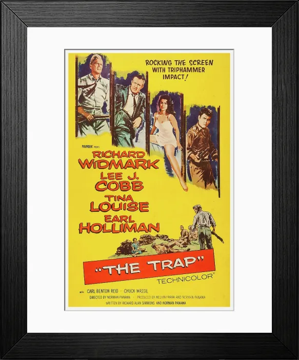 Framed Print : THE TRAP, US poster art, from left: Richard Widmark, Lee J. Cobb, Tina Louise, Earl Holliman, 1959