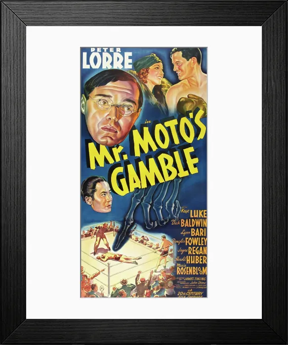 Framed Print : MR. MOTO'S GAMBLE, top l-r: Peter Lorre, Lynn Bari, Dick Baldwin, bottom: Keye Luke on poster art, 1938, TM and Copyright 20th Century Fox Film Corp