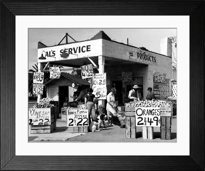 Framed Print : A Los Angeles gasoline station selling fruit and vegatables during a fuel shortage. Los Angeles, California, March, 1944. Courtesy: CSU Archives / Everett Collection