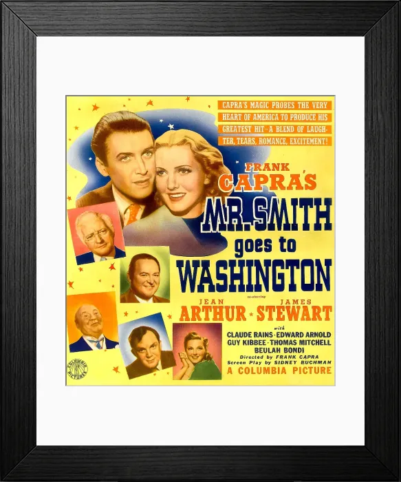 Framed Print : MR. SMITH GOES TO WASHINGTON, top from left: James Stewart, Jean Arthur, left from top: Claude Rains, Edward Arnold, Guy Kibbe, Thomas Mitchell on window card, 1939
