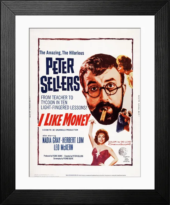 Framed Print : MR. TOPAZE, (aka I LIKE MONEY), US poster art, bottom: Nadia Gray; top: Peter Sellers, Nadia Gray, 1961, TM & Copyright 20th Century Fox Film Corp Framed Print : MR. TOPAZE, (aka I LIKE MONEY), US poster art, bottom: Nadia Gray; top: Peter Sellers, Nadia Gray, 1961, TM & Copyright 20th Century Fox Film Corp